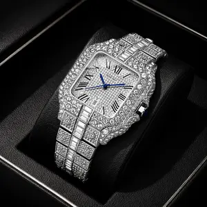 Men’s 42mm Square Face Iced Out Silver Bling Hip Hop Fashion Watch, Waterproof Quartz Timepiece with Stainless Steel Strap, Gift for Him, Watches