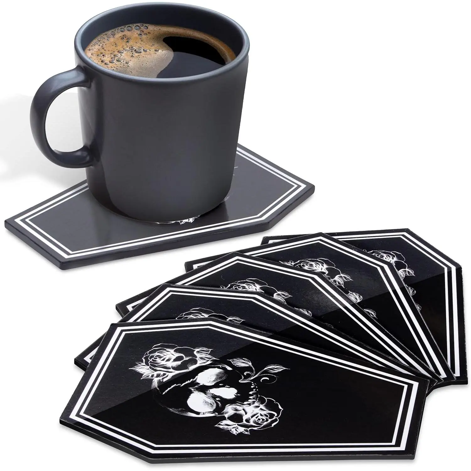 Roses of The Skull 5 count Set by  Coffin Shaped Drink Coasters Gothic Accessories - Gothic Decor - Goth Kitchen decor - Gothic Home Decor -Coffee Cork Bar Black Coaster Hot/Cold Halloween Goth