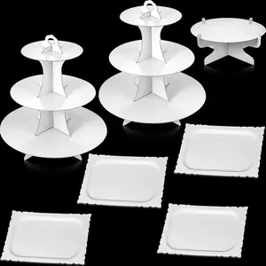 7 Pcs Dessert Table Display Set 3-Tier Cupcake Stand 1-Tier Cup Cake Display Platters and Serving Trays Cardboard Cake Cookie Holders for Wedding Birthday Baby Shower(White)