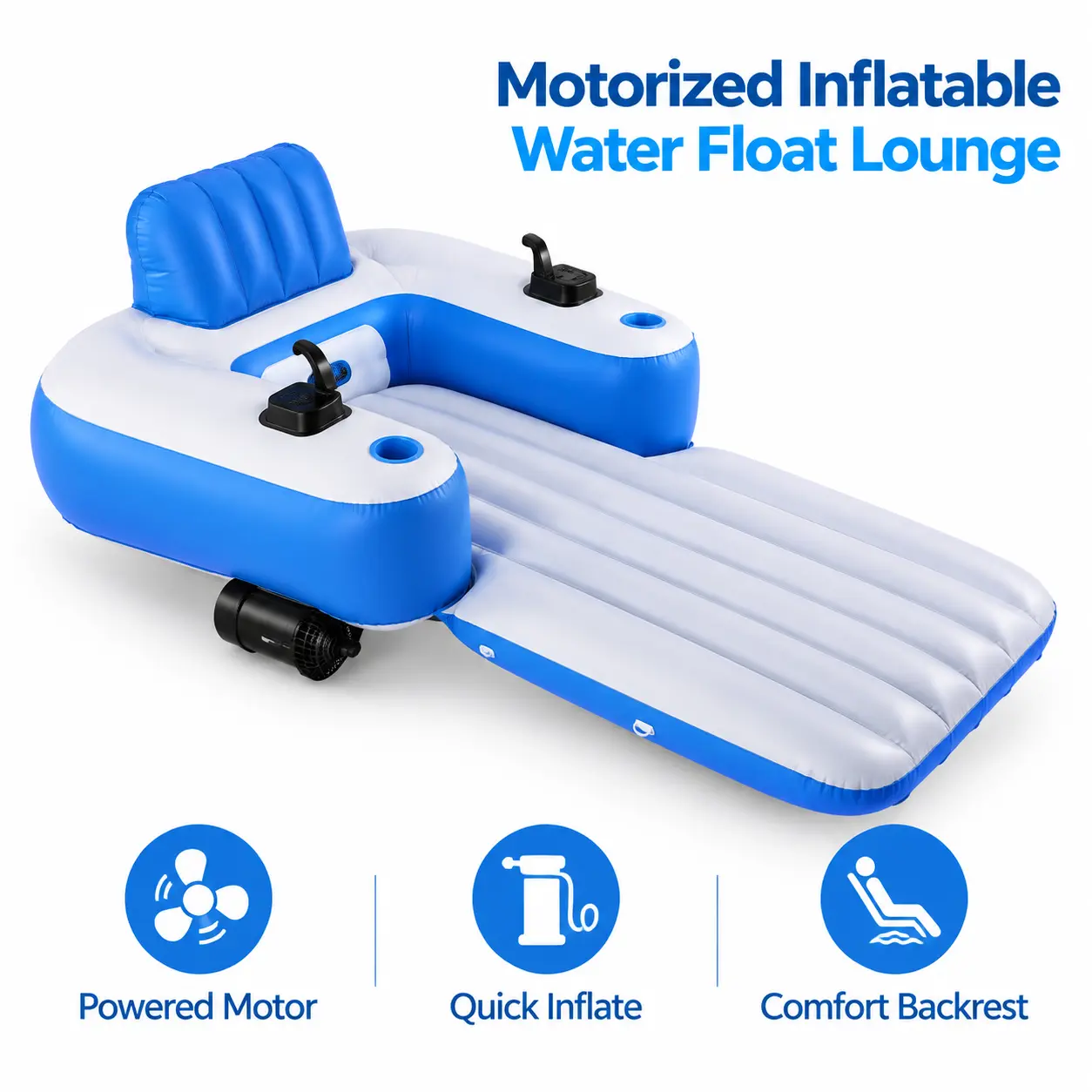 Electric Powered Inflatable Pool Float Lounge with Backrest, Remote-Controlled Water Floating Chair with Cup Holders for Pool, Lake, Beach