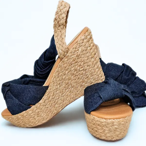 San Doval By GJ Sandalia MIRANDA Navy Blue Denim Wedge Sandals with Knot Design & Denim Tassel Fashionable Women's Shoes altura 7.5 cm