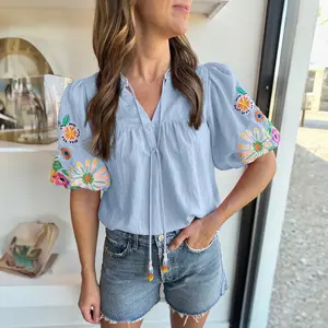 Women's Casual Floral Embroidered V Neck Boho Puff Short Sleeve Shirts Loose Tunic Summer Blouses Tops Fashion Clothes