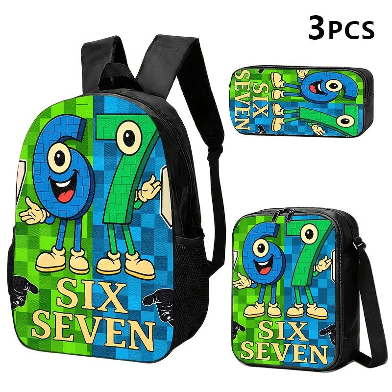 3PCS "Six Seven" Cartoon Pixel Backpack Set, Water Resistant School Bag + Lunch Box + Pencil Case, Lightweight, Fits 15-inch Laptop, Breathable Straps, Playful Green & Blue Vibe