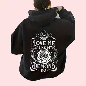 Gothic Rose Moon Phase Hooded Sweatshirt with Kangaroo Pocket for Women – White Rose & Crescent Moon Print and Love Me Like My Demons Do Slogan, Dark Academia Winter Wear
