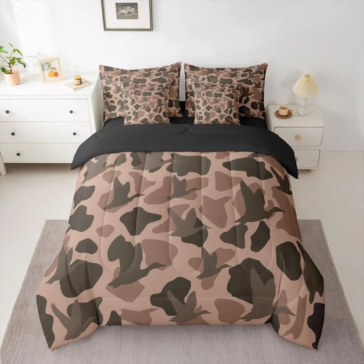 Wild Duck Camouflage 7 Piece Bedding Set Kids Duck Camouflage Comforter Set with Sheets,Pillowcases & Cushion Cover for Girls Camo Hunting Bed in a Bag Breathable Soft Brown Grey Room Decor