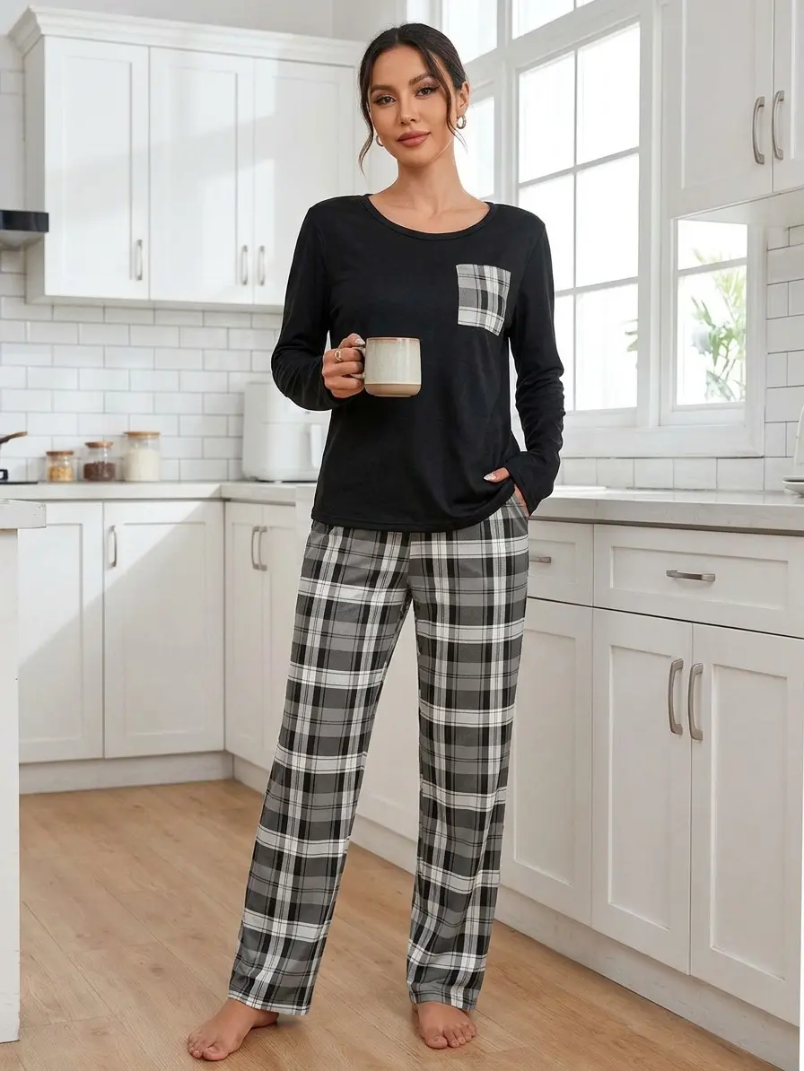 Women's 2-Piece Knitting Plaid Print Long-Sleeve Pajama Set - Split Top & Pants, Cozy Elegant Casual Nightwear for Fall Winter, Elegance