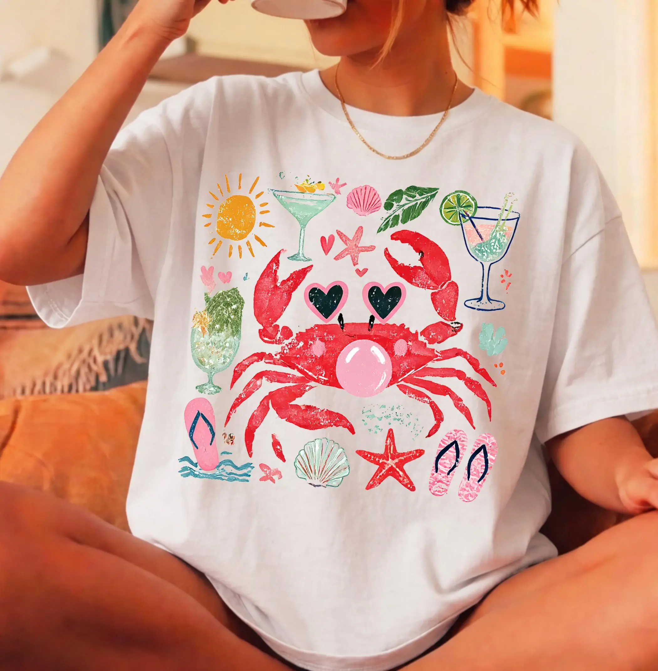 Funny Crab Shirt, Crab Blowing Bubble Graphic Tee, Beach Vibes Nautical T-shirt, Summer Vacation Gift