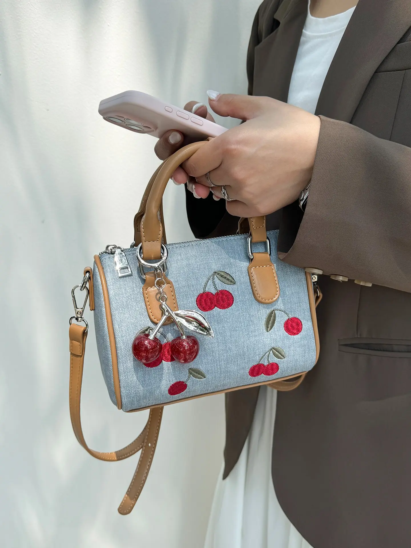 Cherry Embroidered Denim Blue Boston Bag, New Daily Versatile Commuter Handbag, Crossbody Shoulder Bag for All Seasons, Embellished Shoulder Bag