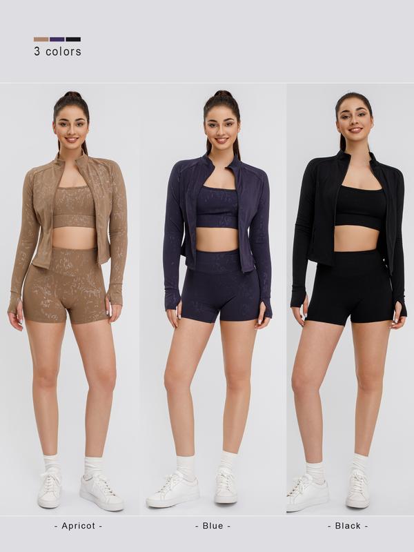 S&W Women's Yoga 3-Piece Set - Biker Short, Tank Top, Jacket with Zipper - Tie-Dye in Apricot Blue & Black - High-Rise Collar, 4-Way Stretch