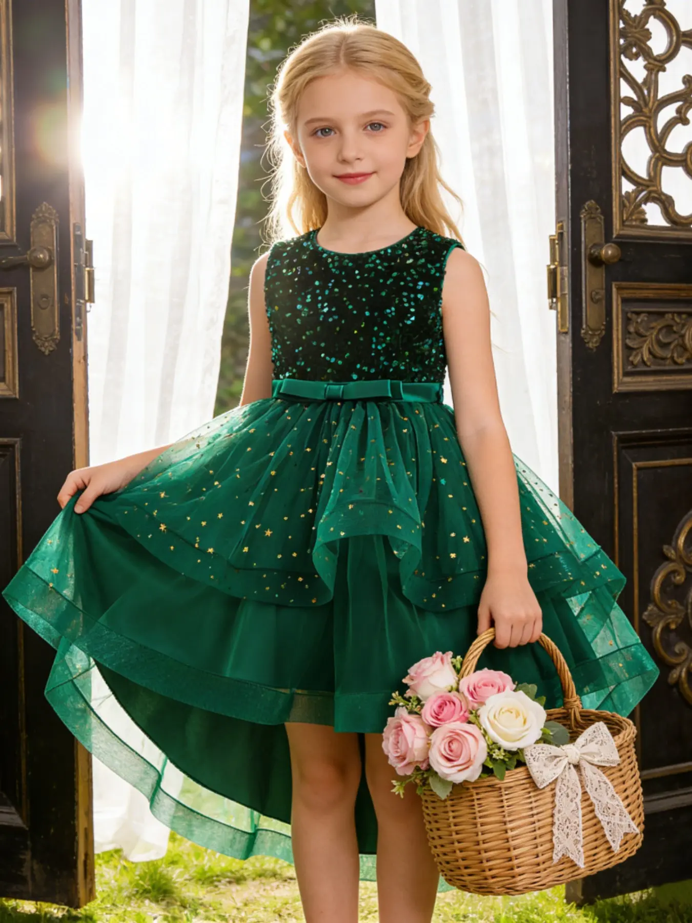 Girl's Glitter Sequin Decor Sweater Dress Elegant Round Neck Sleeveless A Line Dress for Party Wedding Guest Birthday Babe Dress Kids Clothes for Summer