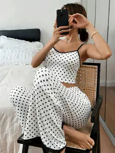 Polka Dot Lace Trim Tank Pajama Set, Women's Sexy Home Wear Loungewear, Soft Skin-Friendly Sleepwear for Daily Relaxation and Friends' Parties
