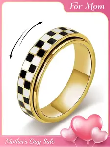 1 Stainless Steel Black-and-White Checkered Drip Oil Rotating Stress Relief Ring, Geometric Rings, Beautiful Rings - Minimalist Unisex Chessboard Pattern Design Everyday Jewelry - Perfect for Daily Commuting Wear, Gift for Mom Everyday Rings