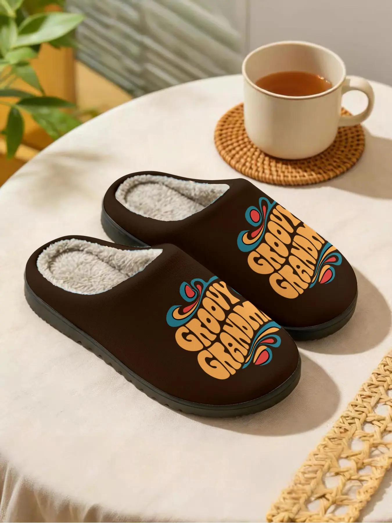 Vintage Casual Cotton Slippers, Deep, Groovy Grandma Design, Soft Plush Lining, Fall & Winter Home Wear