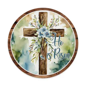 He Is Risen, Cross With Blue Wreath, Metal Sign, Easter Decoration, Door Hanging ( 8inch  )