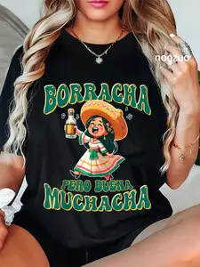 100% Cotton Borracha Pero Buena Muchacha Funny Women Retro T-Shirt