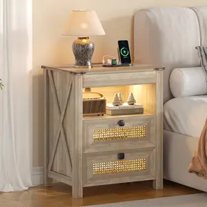 Farmhouse Night Stand with Gun Drawer, Bedside Table with Charger Station, LED Nightstand with Human Sensor Light, End Table for Bedroom Living room
