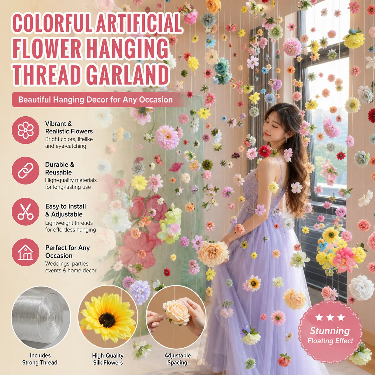 Colorful Artificial Flower Hanging Thread Garland Background Decoration, Wedding Reception, Birthday Party, Hanging Ceiling Decoration, Boutique Wall And Window Background Decoration