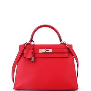 Pre-owned HERMÈS Leather Top Handle Bags Hermes Kelly Handbag Rouge Casaque Epsom with Palladium Hardware 28 by Rebag