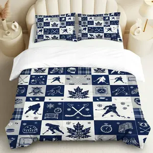 3PCS Duvet Cover Set, 1 Duvet+2 Pillowcases(Without filler), Hockey Player Winter Sports Snowflake Clock Leaf theme, Christmas bedding set, Ice Rink Bedroom Living Room Sports Bar decor.