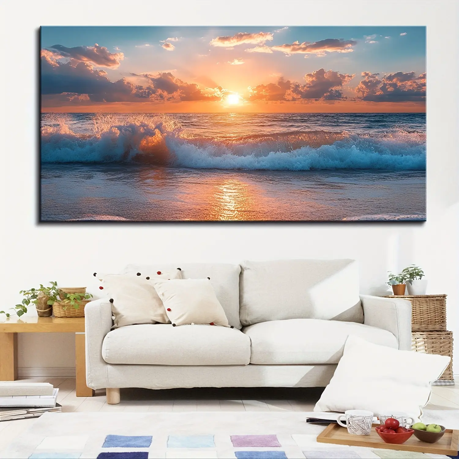 Pine Solid Wood Frame -  Beach Mural, Modern Ocean Wave Scenery Painting for Office & Home Wall Decoration, Ready to Hang