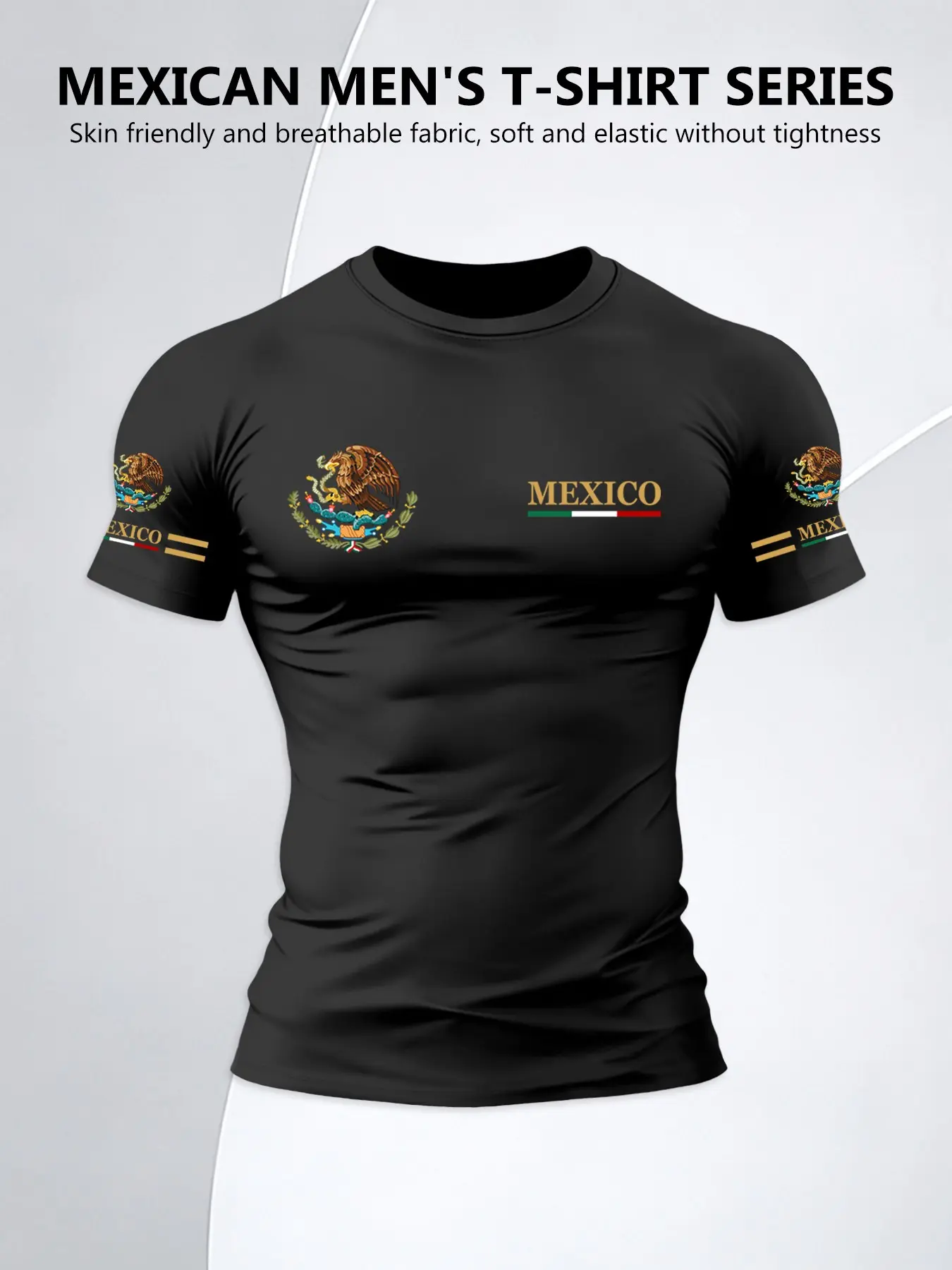Men's New Round Neck Short Sleeve T-Shirt, Mexican Emblem Print, Patriotic Original Design, Polyester Knit Fabric, Loose Fit, Streetwear Casual Wear, Fashion, Menswear