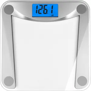 Digital bathroom scale, professional weighing since 2001, large blue backlit LCD and walk-in, with battery, 400 pounds/180 kilograms, transparent glass, silver color