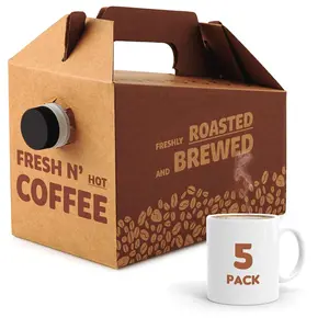 Stock Your Home (5 Pack) 96 oz Disposable Coffee Box Dispensers, Insulated Hot Cold Bulk Beverage Server Carafe, Coffee Carrier with Handle Take Out Containers, Cardboard Coffee Traveler To Go Boxes