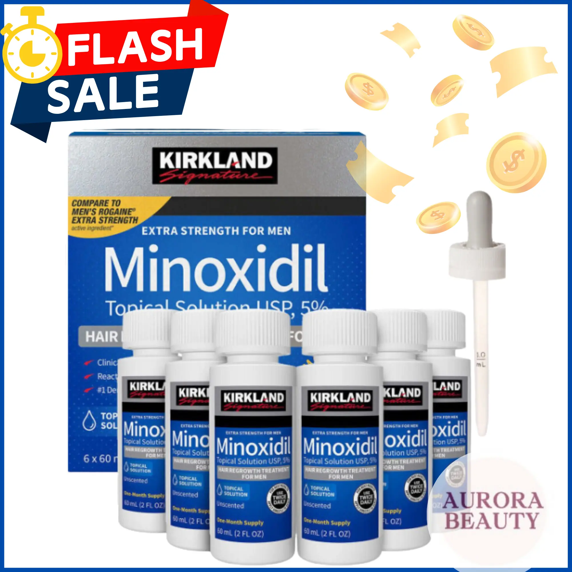 Kirkland Minoxidil for Hair Loss Treatment for Men 5% with dropper - 1, 3 and 6 months supply Hair Care Dropper Unscented Beard Care Thicker Stronger Hair Thicker Fuller Hair