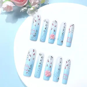 Flower Pattern Fake Nails, 10pcs Long Coffin Press on Nails for Women & Girls DIY Nail Art, Elegant Stick on Nails Kit