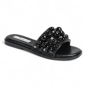 Black Beaded Slide Sandals with Rhinestone Accents for Women's Fashion
