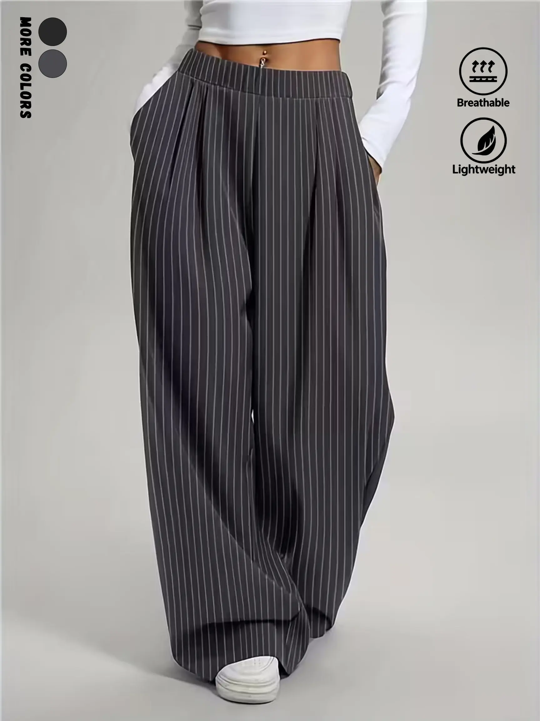 Elegant women’s wide-leg suit pants with fine stripes, high stretch, ruched detailing, loose drape, long length, stretchy fabric—casual trousers for everyday wear, office, and street style.