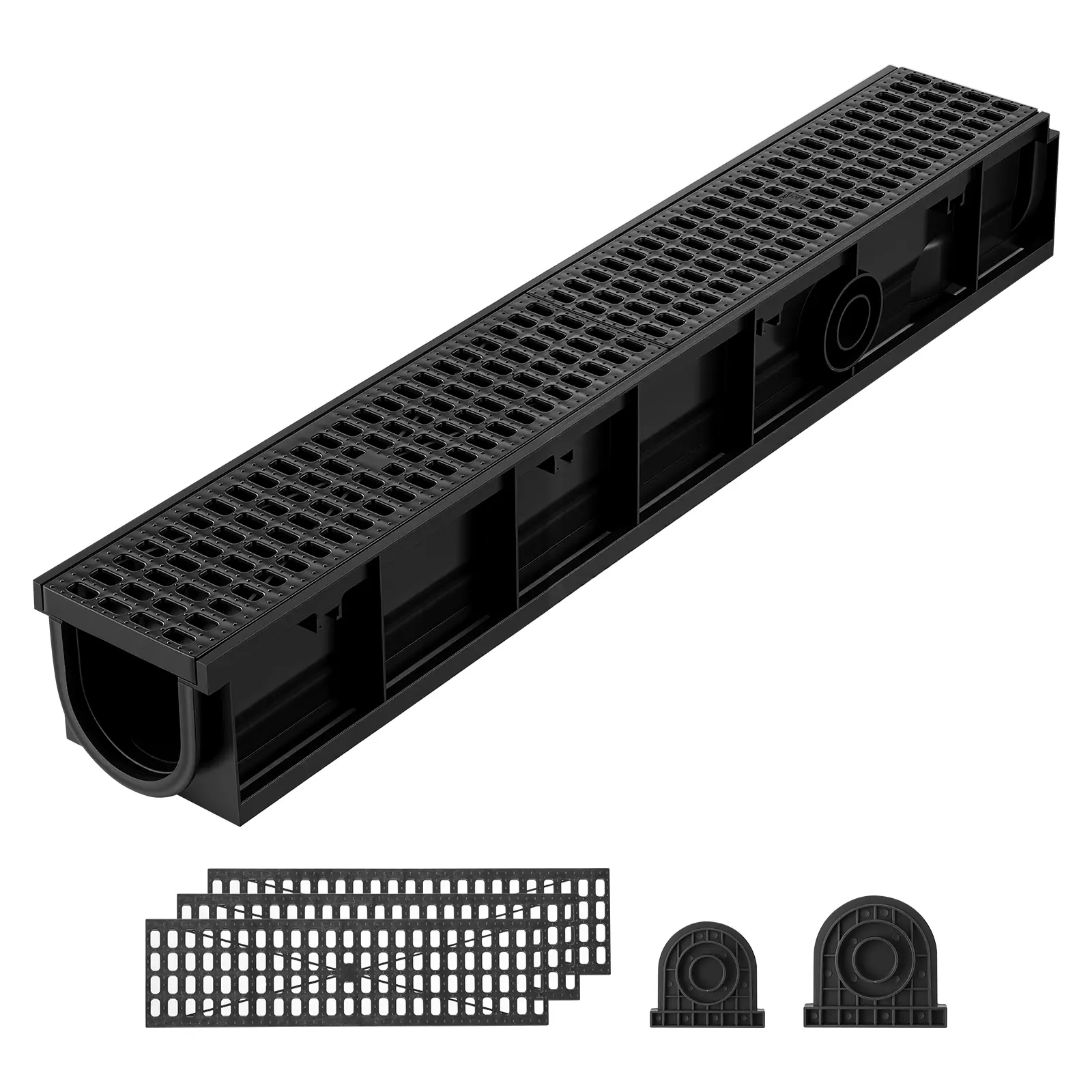【summerfinds】VEVOR Trench Drain, 40.2 x 6.6 x 5.5 in, 3 Pack Linear Drainage Channel, HDPE Channel Drain with Grates & End Caps, Premium Outdoor Drainage System for Driveway, Patio, Pool, Garden, Yard, Black