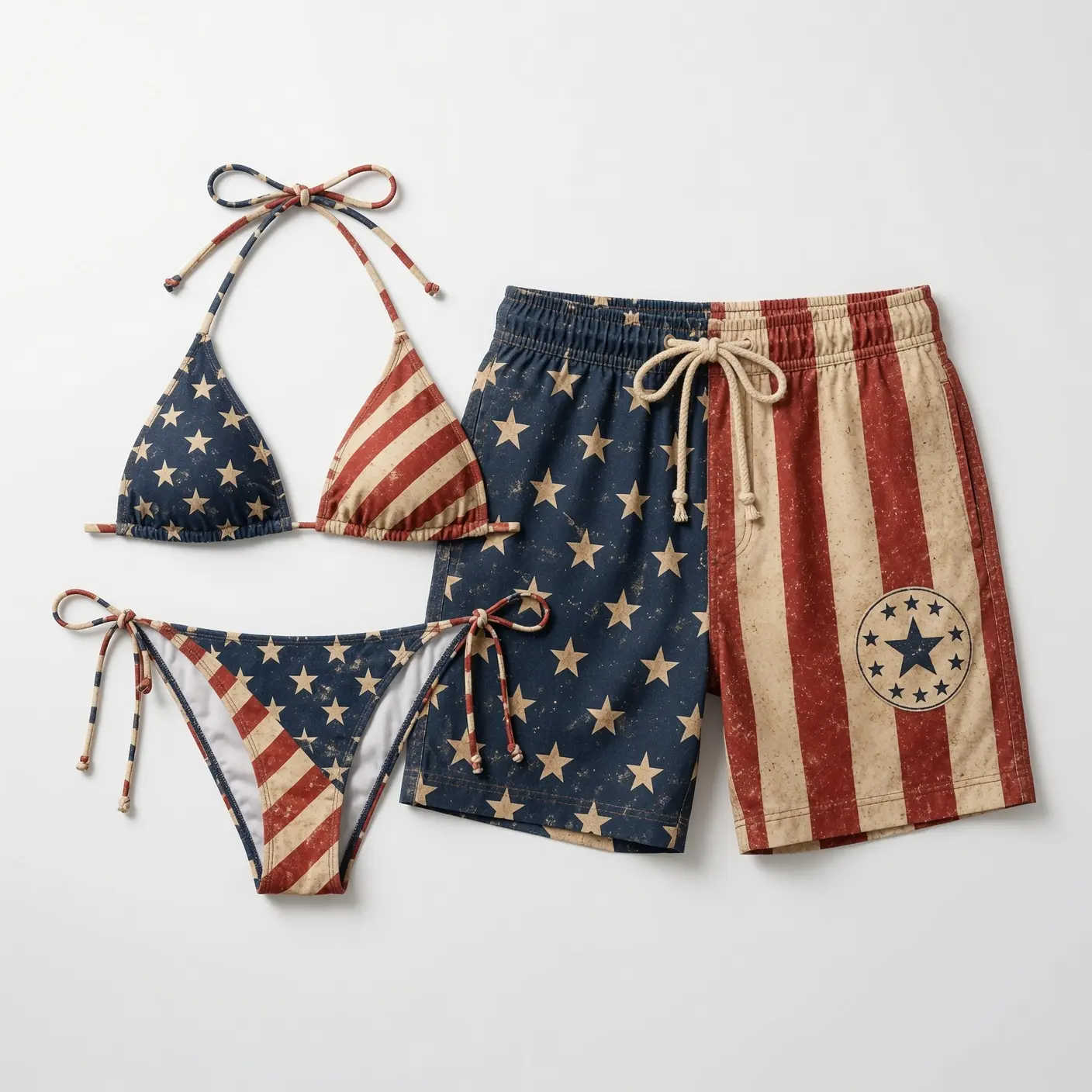 Vintage American Flag Matching Couple Swimwear Set, Patriotic Stars and Stripes String Bikini and Hawaiian Shorts for Women Men, His and Hers Summer Beach Vacation Pool Party Outfit Gift