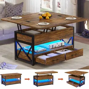 Sikaic 40" Lift Top Coffee Table, 4 in 1 White Coffee Tables with Storage for Living Room, Small Coffee Table with 2 Drawers & LED Light for Dining Room