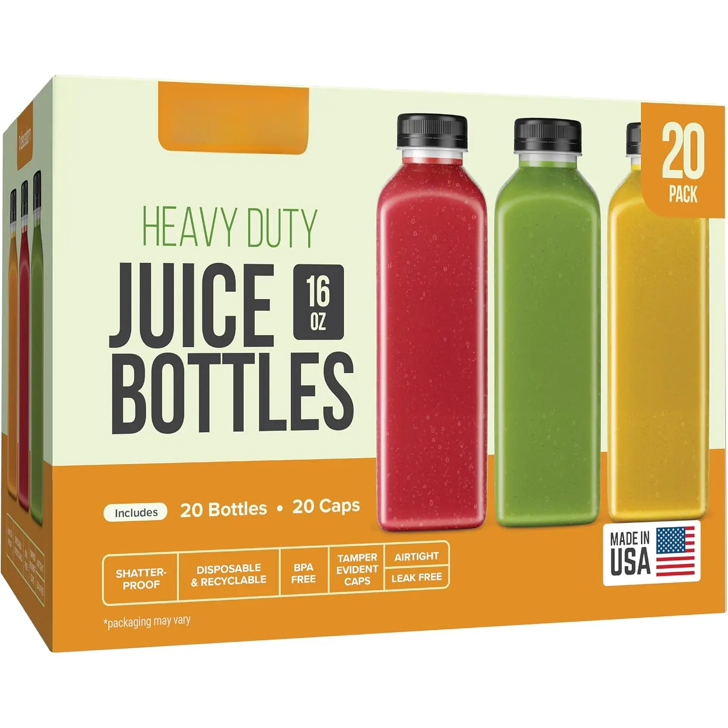 16oz 20 count Juice Bottles With Caps -  Juice Containers With Lids For Fridge - Juicer Bottles With Tamper Evident Caps, Shatterproof, , Leak proof, Disposable & Recyclable