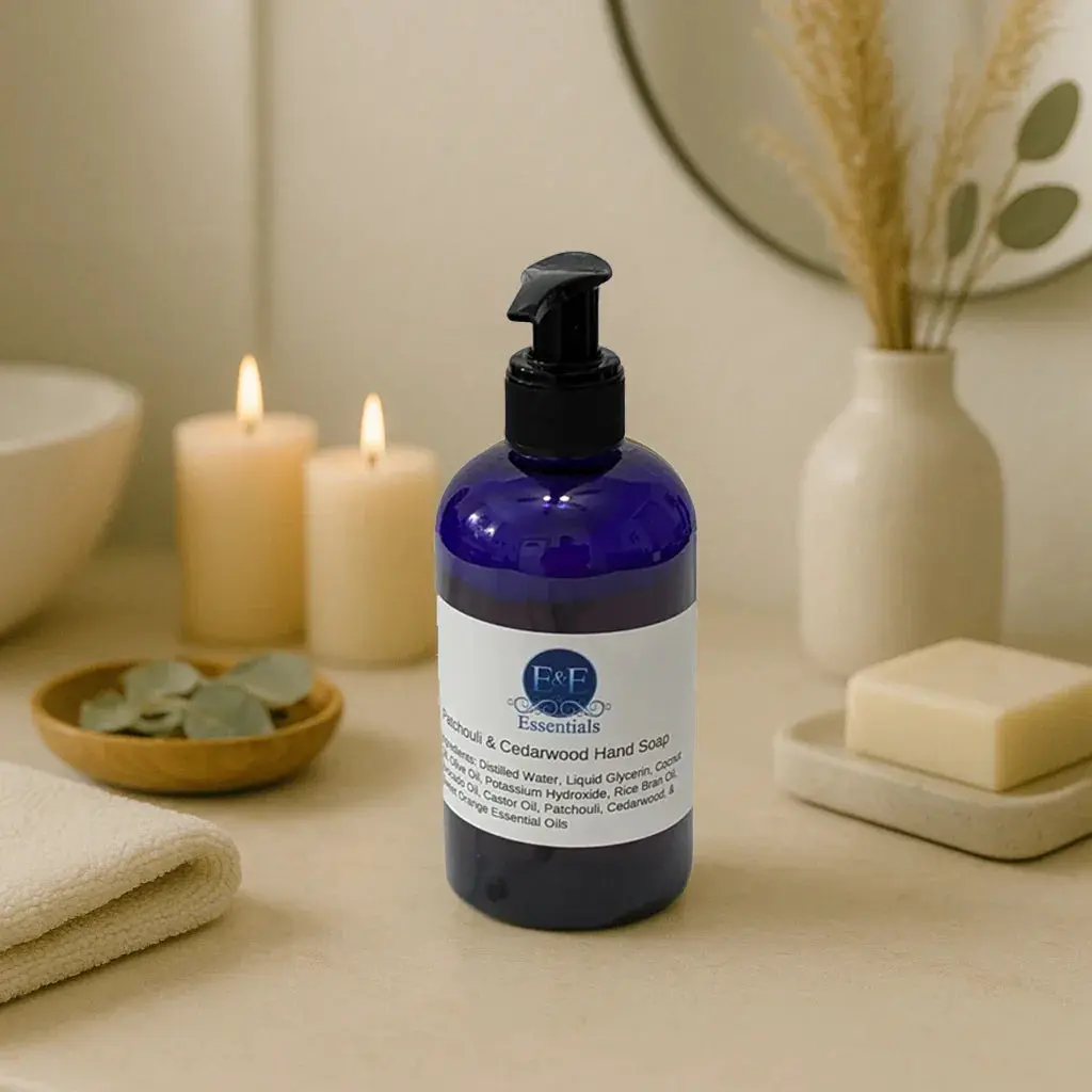 E & E Essentials Patchouli & Cedarwood Liquid Hand Soap Gentle Moisturizing Sensitive Formula for Dry Skin Daily Use Nourishing Aroma Soft Hands Naturally