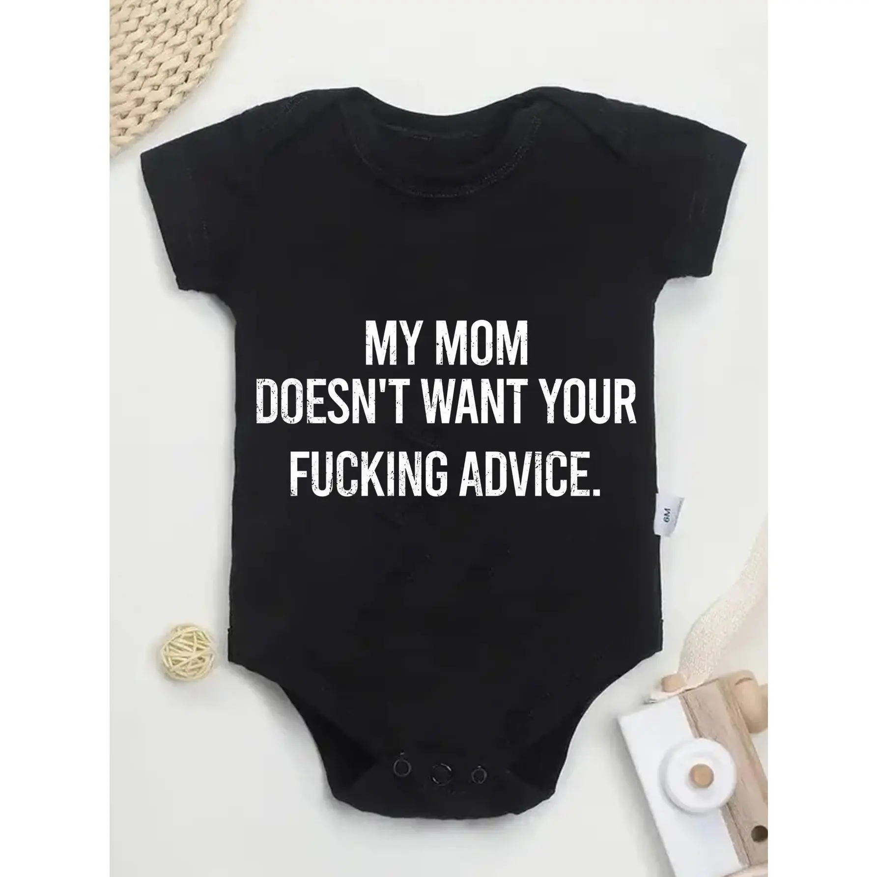 Unisex Newborn Baby Letter Print Bodysuit - "My Mom Doesn't Want Your Fucking Advice" Printed Text, Soft Knit Cotton Blend, Elastic Stretch 1-Piece, Button Detail, Regular Fit, All Seasons, 0-12 Months Baby Item