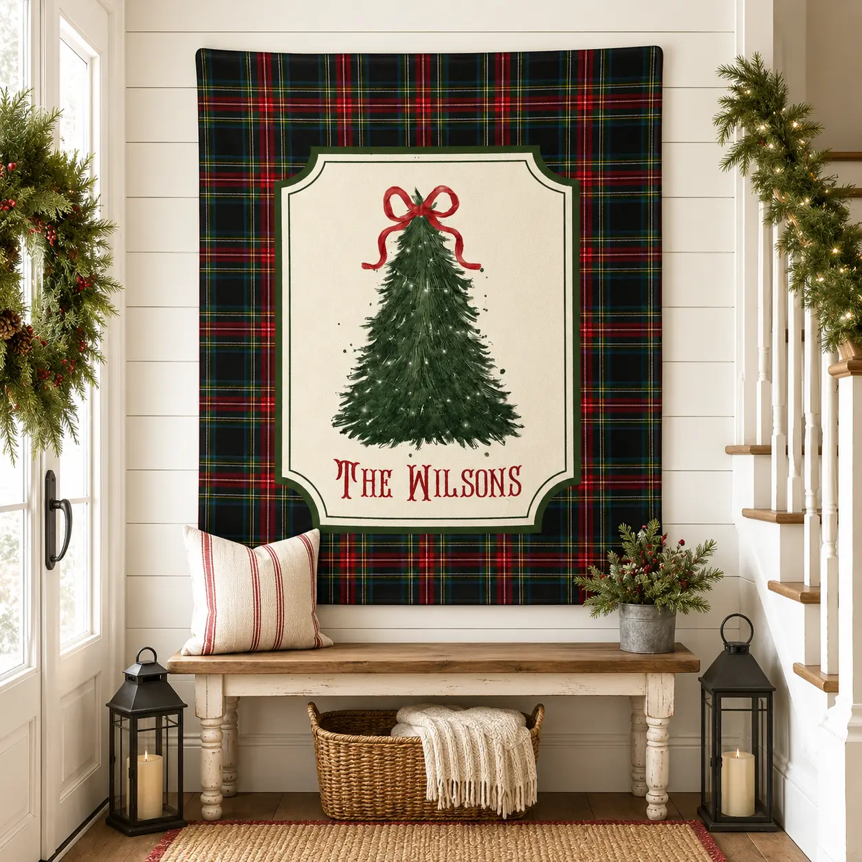 Custom Family Name Plaid Christmas Tree Flannel Throw Blanket, Personalized Tartan Dark Plaid Watercolor Xmas Tree Soft Anti-Pilling Fleece Bed Cover, Custom Last Name Holiday Cabin Couch Blanket, Unique Custom Family Christmas Gift （）