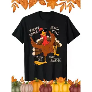 Men'S Funny Thanksgiving T-Shirt - Turkey Gravy Beans & Rolls Casserole Graphic Tee - Black Shirt with Red Turkey Design - Breathable Crew Neck Short Sleeve Top for, Casual Attire - Perfect Holiday Gift for Men, Festive Clothing | Playful Print Shir