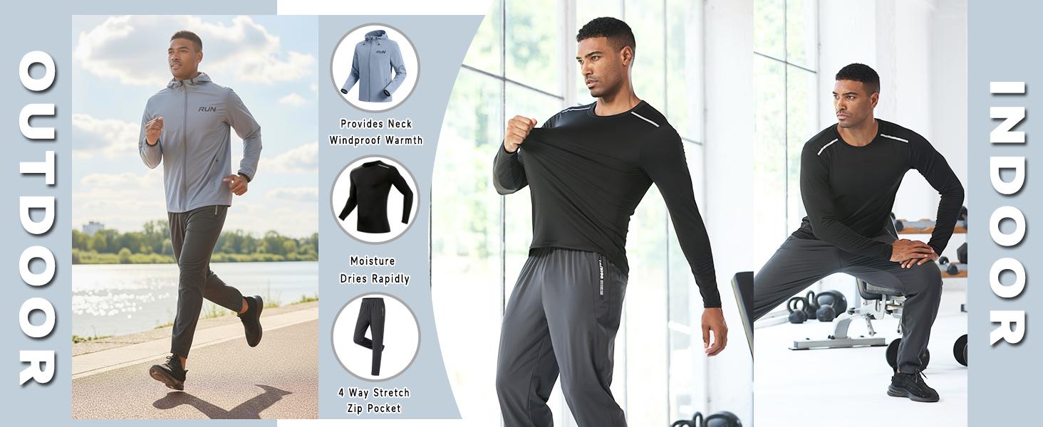 RPOVIG Men's Tracksuit Sweatsuits 3 Piece Windproof Jacket Long-Sleeve T-Shirts Pants Athletic Hiking Camping Jogger Outfits