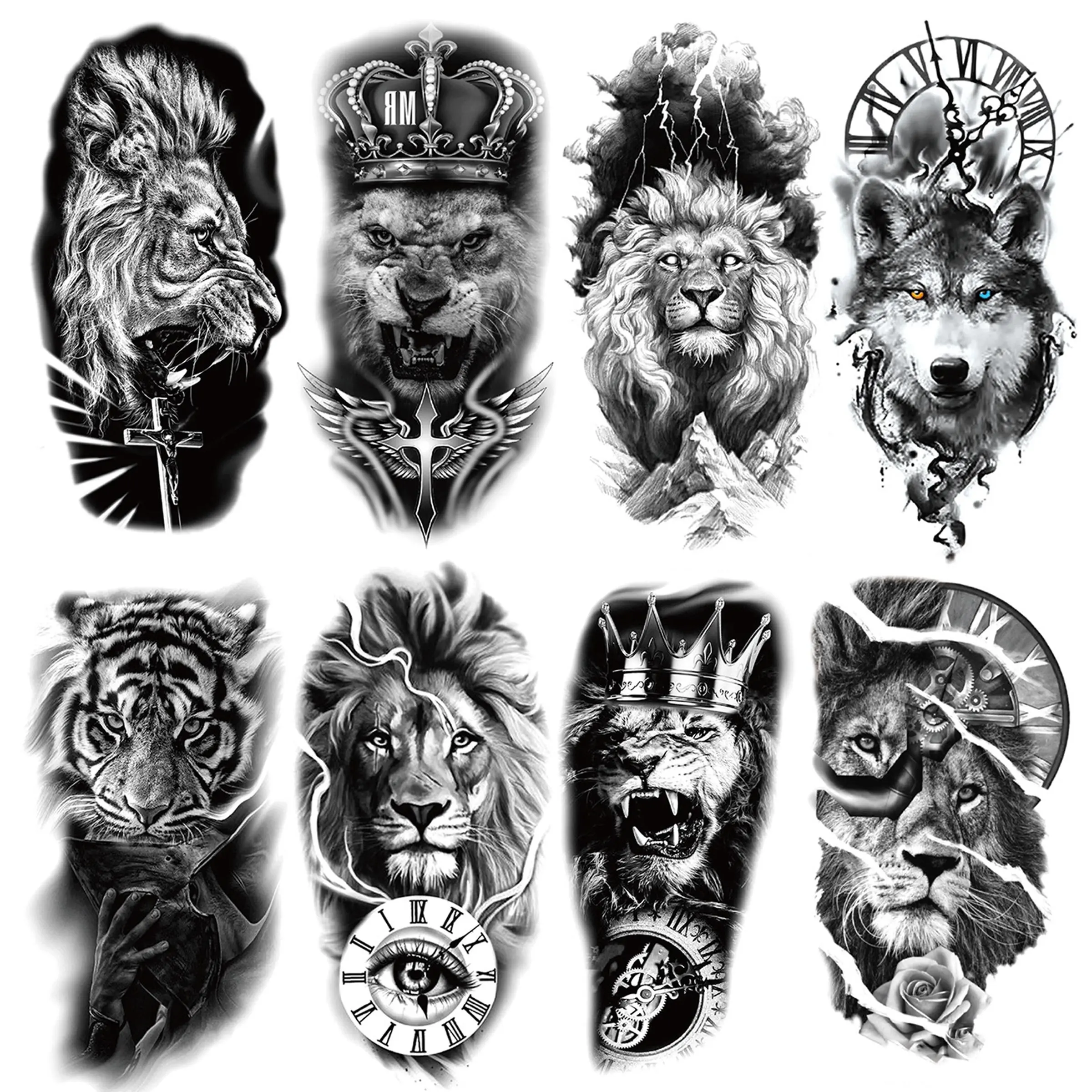 Lions & Wolf Pattern Temporary Tattoo Sticker, 8 Counts/set Long Lasting Fake Hand Tattoo Sticker, Body Art Decoration for Adults Men  & Women, Waterproof Temporary Tattoos, Ephemeral Tattoos