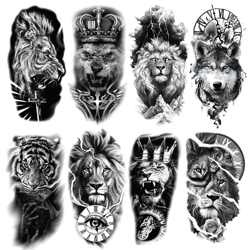 Lions & Wolf Pattern Temporary Tattoo Sticker, 8 Counts/set Long Lasting Fake Hand Tattoo Sticker, Body Art Decoration for Adults Men  & Women, Waterproof Temporary Tattoos