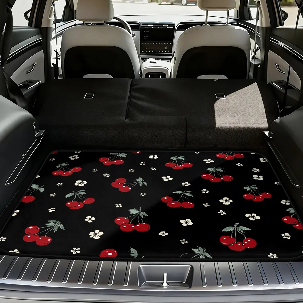 1pc Cherry White Flower Black Graphic Car Cargo Mat, Universal Trunk Liner for SUV, Sedan, or Van, Functional Car Accessories for Family Road Trips, Sports Gear, Outdoor Gear, Aesthetic Design, Vehicle Boot Mat, Car Interior Accessory