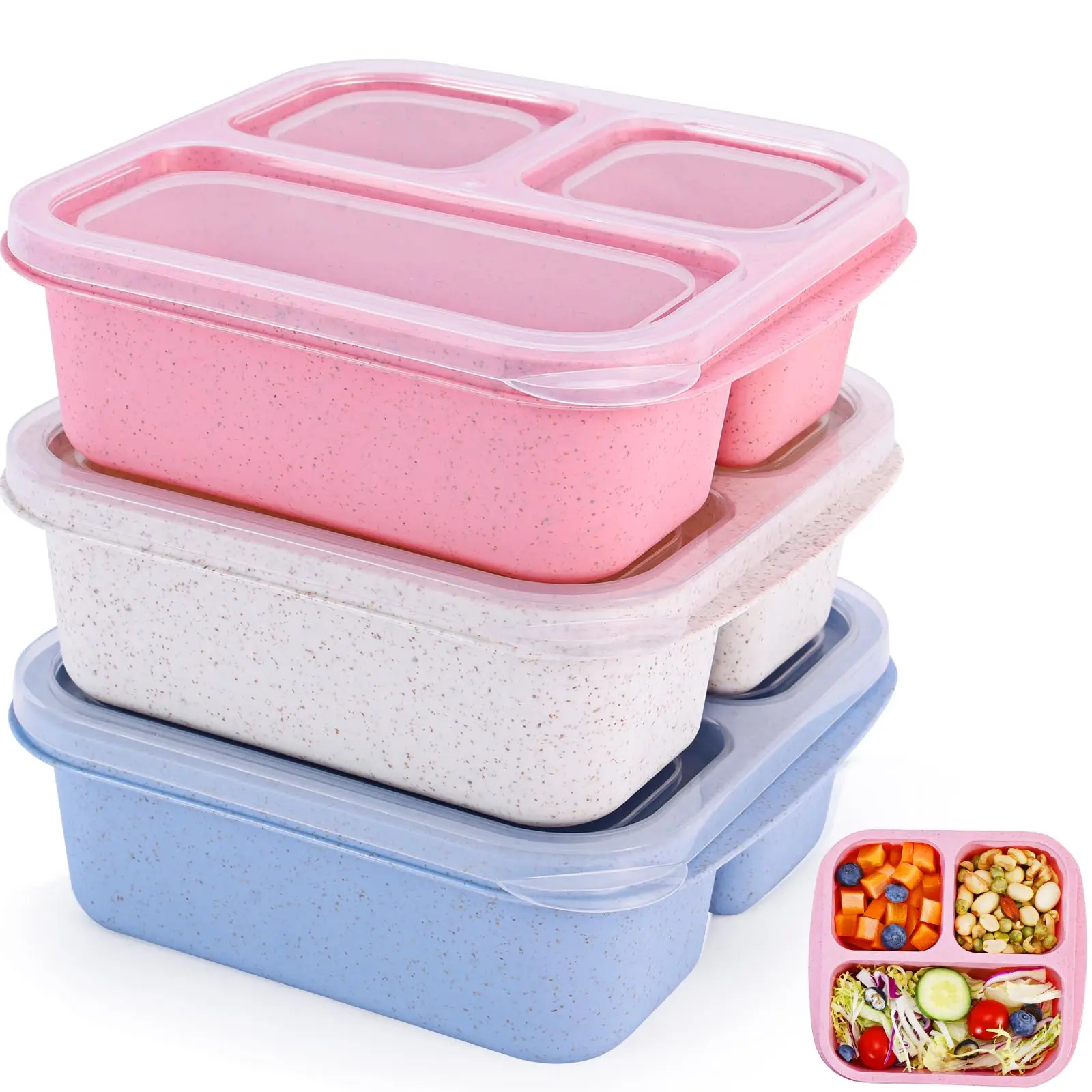 Lunch Box with Lid & Cutlery, Luncheaze Lunch Box, 3 Counts/set Reusable Lunch Container with 3 Compartments, Food Storage Container for Home Office School, Lunchbox, Meal Prep Containers