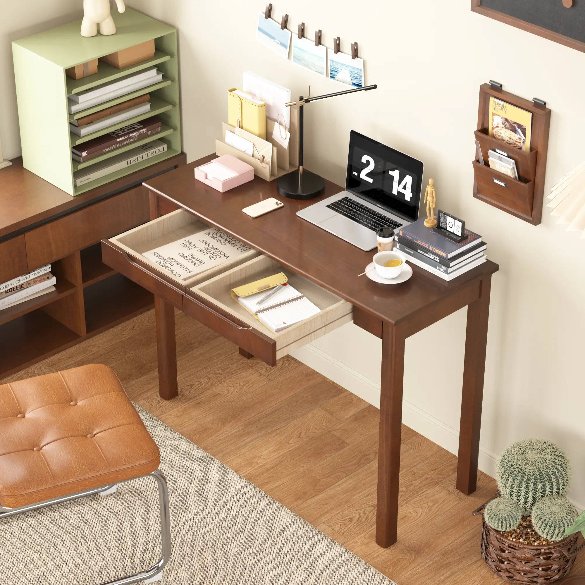 CocoHouse Solid Wood Desk with Drawers - Vintage Narrow Desks, Mid Century Modern Desks, Rubber Wood Study Table, Small Writing Desk for Bedroom|Small Spaces - Walnut Color
