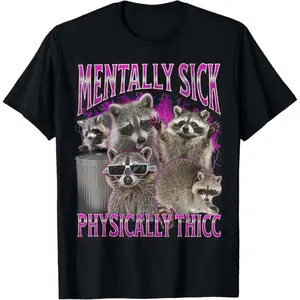 "Physically Thicc" Funny Raccoon Meme T-Shirt🦝 Bootleg 90s Graphic Tee, Soft Cotton Short Sleeve, Casual Streetwear Top for Men & Women, Vintage Retro Style, Humorous Pop Culture Design, Comfortable Everyday Wear, Bold Meme Statement