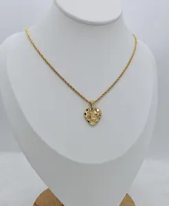 Women's Gold Nugget Heart Pendant Necklace with 14k Heavy Plated Gold 1mm Rope Chain for Women