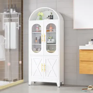 73" Tall Metal Arched Kitchen Pantry Cabinet, Modern Farmhouse Storage Cabinets with Doors&Adjustable Shelves, Versatile Bookcase/Display/Cupboard with Open Storage Area for Office