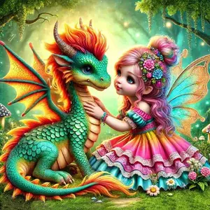 5D Diamond Painting Kit - Whimsical Rainbow Fairy with Baby Dragon in Enchanted Forest, Full Round Drill Fantasy Mosaic Art, DIY Rhinestone Embroidery for Kids Room Decor