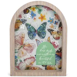 360 Stand Arch Photo Frame - 11x15 Glass Insert Wall/Table Top Home Decor Accessory with Butterfly & Flower Accents, Text Printed "He Made Everything" Floral Theme Piece